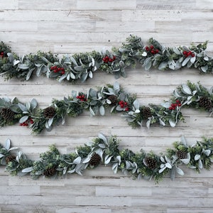 Eucalyptus & Lambs Ear Garland, Winter Christmas Table Runner Garland, Wreath, Wedding Garland, Farmhouse Decor, Berry Fireplace Mantel