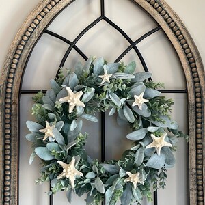 Nautical Starfish Lambs Ear Wreath, Lambs Ear-Eucalyptus Wreath, Lambs Ear for Front Door, Farmhouse Wreath, Everyday Wreath Ocean Sea Theme image 6