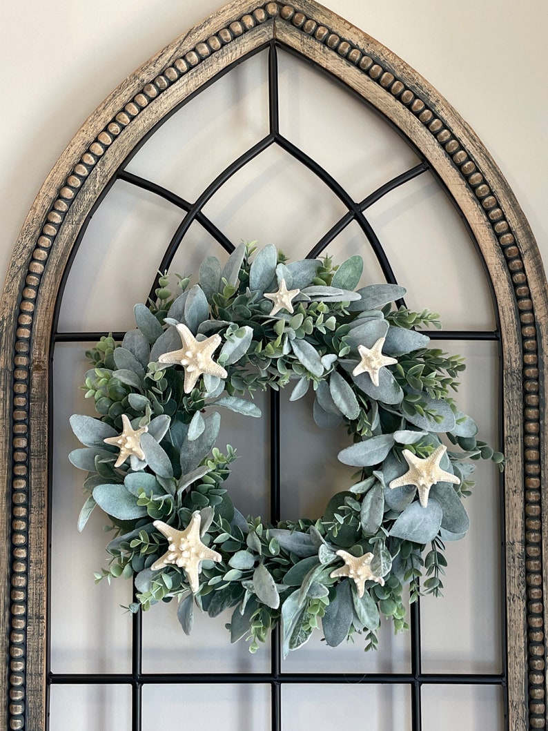 Nautical Starfish Lambs Ear Wreath, Lambs Ear-Eucalyptus Wreath, Lambs Ear for Front Door, Farmhouse Wreath, Everyday Wreath Ocean Sea Theme image 6