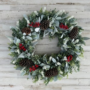 Winter Pinecone Lambs Ear Wreath, Eucalyptus Wreath, Front Door Wreath ...