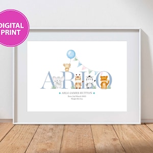 Nursery Wall Art, New Baby Gift, Named New Baby Picture, Animal Safari Baby Name Print, Christening Gift. Baby Boy/Girl, Baby Room Decor