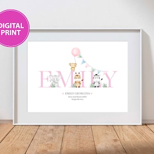 Nursery Wall Art, New Baby Gift, Named New Baby Picture, Animal Safari Baby Name Print, Christening Gift. Baby Boy/Girl, Baby Room Decor