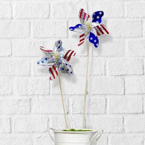 Patriotic Red, White, and Blue Pinwheel Pick - Stars & Stripes Summer Decor - Home Decor And Party Accents - Festive 4th of July Pinwheel