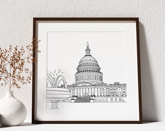 US Capitol Building Washington DC Collection Line Wall Art, 8x8 Print