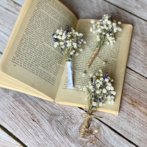 Summer Blossom - Wedding Lavender & Baby's Breath Boutonniere, Dried Flower Boutonniere, Lavender Boutonniere, Dried Flower Buttonhole