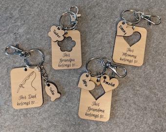 Peut inclure: Quatre porte-clés en bois avec des motifs et des noms différents. Les porte-clés présentent une empreinte de patte, un cœur, une canne à pêche et un cœur avec une découpe. Chaque porte-clés porte le texte "Ce [relation] appartient à..." avec la relation remplie. Les noms sur les porte-clés sont Tucker, Danny, Sofie, Jake et Amelia.