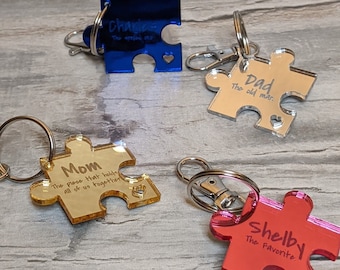 Peut inclure: Quatre porte-clés en forme de pièce de puzzle colorés avec du texte gravé. Le porte-clés bleu dit "Chada The original sis". Le porte-clés argenté dit "Dad The old man". Le porte-clés doré dit "Mom The piece that holds all of us together". Le porte-clés rose dit "Shelby The Favorite."