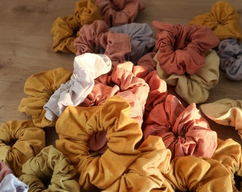 Plant dyed Scrunchies mix & match, upcycled from old tablecloths, dyed with cutch, madder, marigold, onion skins and calendula