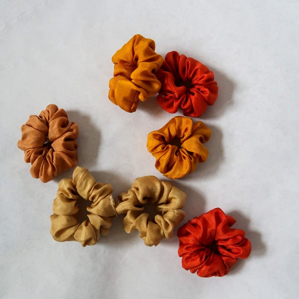 Naturally dyed silk MINI SCRUNCHIES made from soft habotai peace silk, eco-friendly & natural, designed for thinner / shorter hair or kids