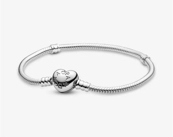 Pandora Moments Snake Link Bracelet with Heart Clasp, S925 Sterling Silver Charm Bracelet, Gift for Her