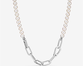 Pandora ME Behandelte Süßwasserzuchtperlen Halskette,S925 Sterling Silber Pandora Charm Halskette,Geschenk für Sie