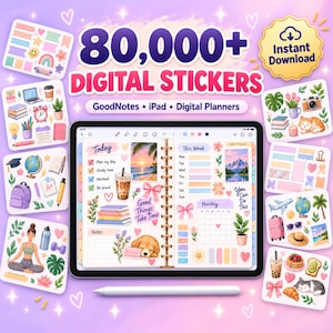 Peut inclure: Une collection numérique de plus de 80 000 autocollants numériques pour GoodNotes, iPad et planificateurs numériques. L'image montre l'écran d'une tablette affichant une page de planning décorée d'illustrations colorées et d'autocollants.