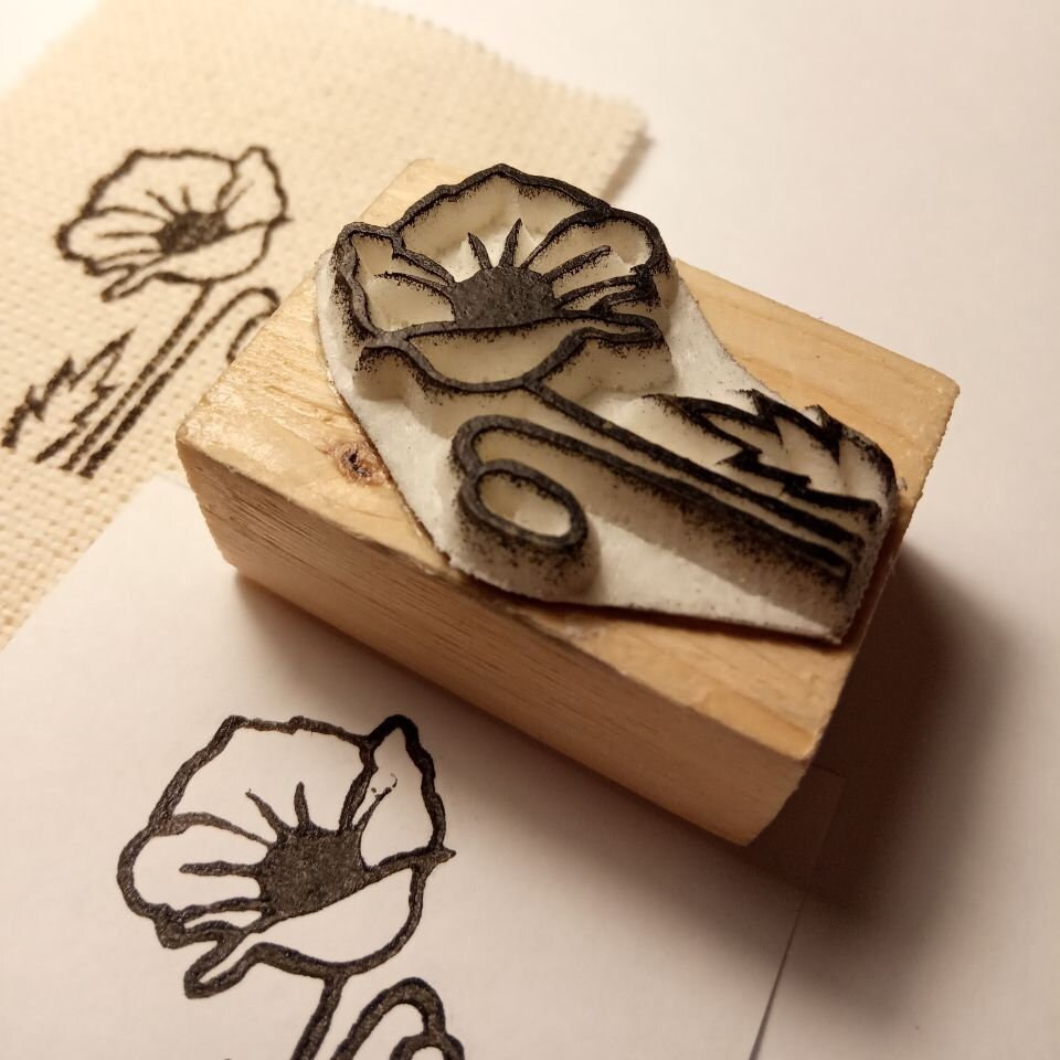 Hand carved botanical rubber stamp with poppy Floral Design Etsy