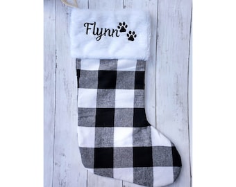 Pet Christmas Stocking, Custom Plaid Stocking, Paw Print Stocking, Pet Christmas Gifts, Gifts for Dog, Gifts for Cat, Embroidered Stocking