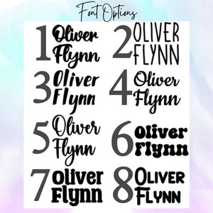 May include: Eight different font options for the name "Oliver Flynn" are shown in black text on a white background. The fonts are numbered 1 through 8.
