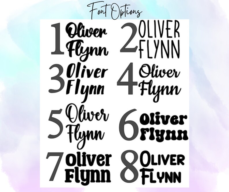 May include: Eight different font options for the name "Oliver Flynn" are shown in black text on a white background. The fonts are numbered 1 through 8.