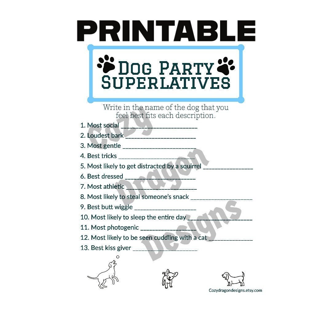 Dog Party Game, Printable Dog Superlative Game, Dog Birthday Party Supplies, Printable Party