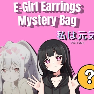 May include: A pink background with the text "E-Girl Earrings Mystery Bag" in white.  The image features two anime-style girls with black and white hair.  One girl is wearing a black hoodie and the other is wearing a white shirt.  A yellow circle with a question mark inside is in the lower right corner of the image.