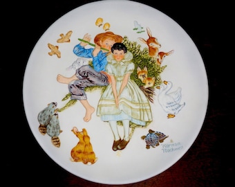 Vintage Norman Rockwell Four Seasons Series Collectors Plate, Sweet Springtime Scene between Boy, Girl and Woodland Animals
