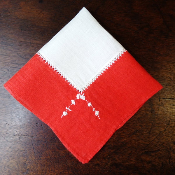 Vintage Red Linen Embroidered Handkerchief, Bridal, Wedding, Christmas Celebration, Scrapbooking, Journals, Doll Clothes, Sewing, Quilting