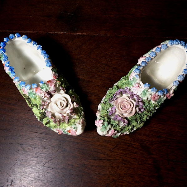 Antique Porcelain German Elfinware Shoes, Fairy Shoes, Roses & Forget Me Knots, Minitatures