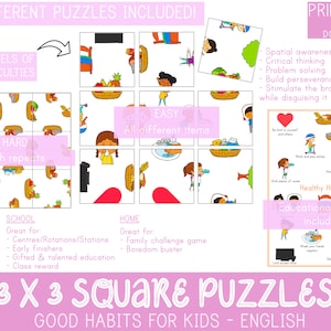 May include: Printable 3x3 square puzzles for kids featuring good habits. The puzzles are divided into two levels of difficulty: easy and hard. The easy puzzles have all different items, while the hard puzzles have repeats. The puzzles are great for centers, rotations, stations, early finishers, gifted and talented education, and class rewards. The puzzles are also great for home use as a family challenge game or boredom buster. The printable download includes an educational poster with good habits for kids.