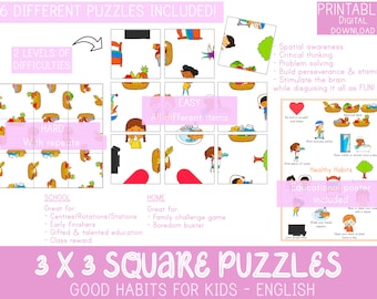Differentiated Good Habit 3 x 3 Square Puzzles | Printable Puzzle Game for kids & family | Brain teasers | Visual Spatial Skills | Poster