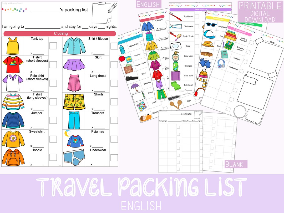 English | Kids Holiday Vacation Travel Packing List for Boys and Girls ...