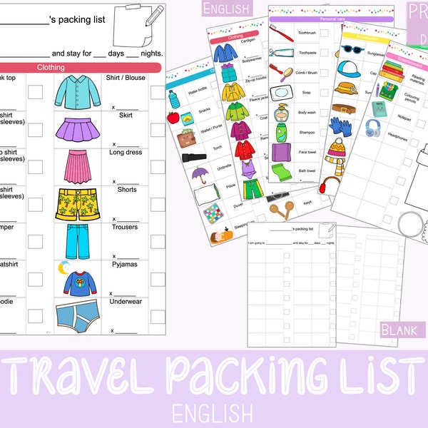 Englisch | Kinder Urlaub Reise Packliste für Jungen und Mädchen | Geschlechtsneutrales Design