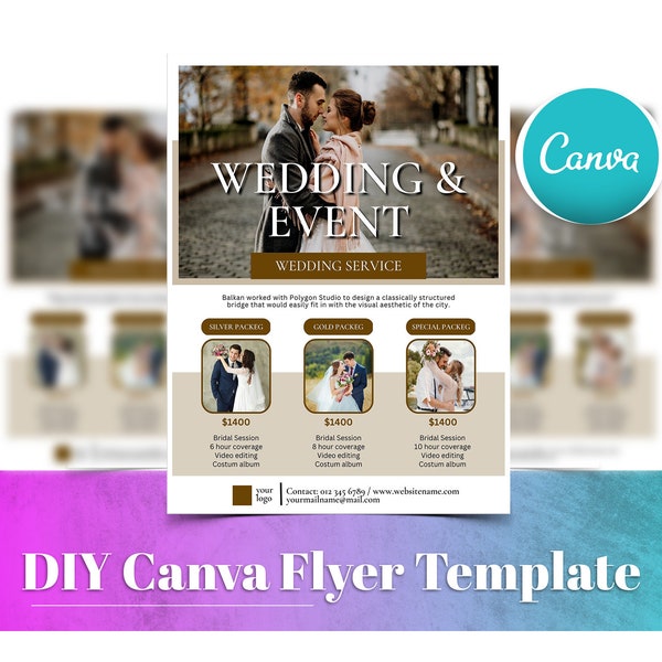 Wedding Photography Flyer,  Editable Flyer Design, DIY Canva Poster Template, Wedding Packages, Wedding Planner Handout