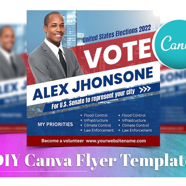 Election Flyer, Printable Election Card Design, DIY Canva Election Poster Template, Editable Political Campaign Post For Social Media