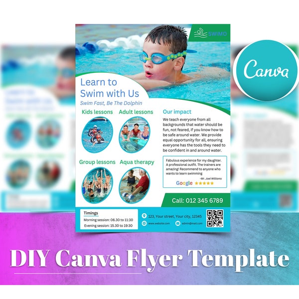 Swimming Lessons Flyer, Editable Flyer , Canva Template, Swimming School Flyer, Swimming Instructor Flyer, Swimming Academy, Swimming Club