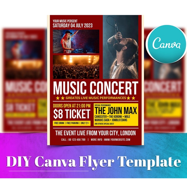 Live Concert Flyer, Music Event Design, DIY Canva Music Concert Poster Template, Editable Live Music Show Handout, Live Concert Leaflet