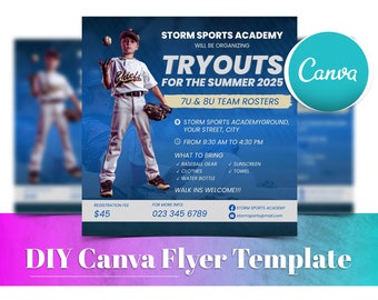 Baseball Tryouts Flyer, DIY Canva Baseball Camp Template, Editable Baseball Training Instagram Post, Baseball Academy Social Media Flyer