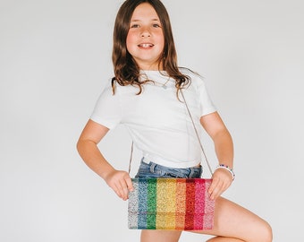 Hand Beaded Rainbow Colorful Clutch, Rainbow Striped Clutch, Rainbow Bag, Beaded Purse, Novelty Purse, Purse Chain Strap, Rainbow, Clutch