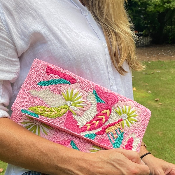 Light Pink Hand Beaded Clutch, Pink Beaded Clutch, Multicolored Embroidered Handmade Beaded Clutch, Pink Vibe Beaded Clutch