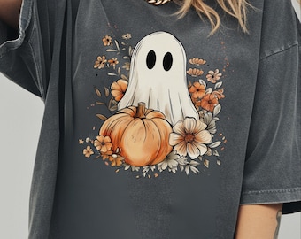 Cute Ghost Pumpkin Shirt Women Wildflower Spooky Season Shirt Girly Ghost Shirt Cute Spooky Season Attire Ghost Pumpkin Falloween Shirt