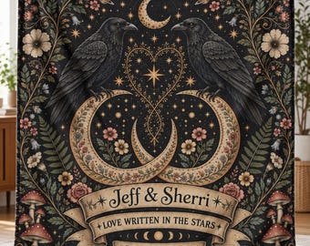 Custom Celestial Raven Love Tarot Velveteen Plush Blanket, Personalized Goth Wedding Gift For Couple, Crescent Moon Couples Blanket Gift