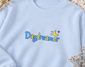 Daydreamer Embroidered Crewneck Sweatshirt with Moon and Stars Design, Day Dreamer Gift for Dreamers