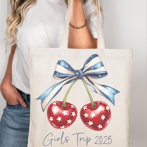 Customized Coquette Cherry American Tote Bag Custom Cherry Summer Tote July 4th Beach Tote Group Beach Trip Tote Bag Family Beach Trip Gift
