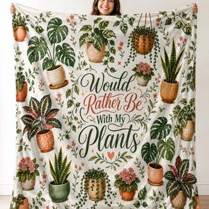 Couverture en velours « Je préfère être avec mes plantes », motif plantes en pot, cadeau idéal pour les amoureuses des plantes, décoration pour les passionnées de plantes d'intérieur