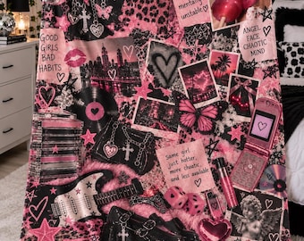 Alt Girl Aesthetic Velveteen Blanket - Y2K Pink Black Grunge Chaotic Throw