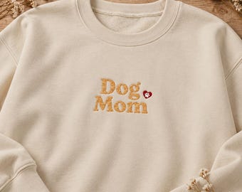 Dog Mom Embroidered Crewneck Sweatshirt with Paw Print Heart Design, Cozy Gift for Dog Moms and Mamas
