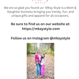 May include: A mother and daughter stand in a wooded area. The mother is wearing a pink blazer, blue jeans, and a rainbow belt. The daughter is wearing a white tank top, pink pants, and a white necklace. The text "MKay Style" is at the top of the image. The text "Be sure to find us on our website at: https://mkaystyle.com" is below the image. The text "Follow us on Instagram @mkaystyle" is below the website address.