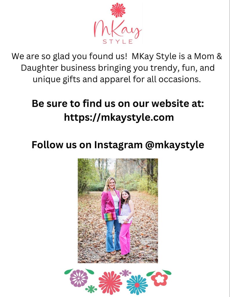 May include: A mother and daughter stand in a wooded area. The mother is wearing a pink blazer, blue jeans, and a rainbow belt. The daughter is wearing a white tank top, pink pants, and a white necklace. The text "MKay Style" is at the top of the image. The text "Be sure to find us on our website at: https://mkaystyle.com" is below the image. The text "Follow us on Instagram @mkaystyle" is below the website address.