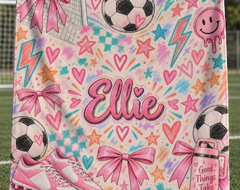 Personalized Name Soccer Blanket For Girl - Custom Girl Athlete Pink Velveteen Throw