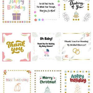 May include: Nine different greeting cards with various designs and text. The cards feature a variety of colors and patterns, including polka dots, flowers, and snowflakes. The text on the cards includes "Happy Birthday", "Thinking of You", "Thank You", "Oh Baby!", "Thank You For Hosting My Baby Shower", "Thank You For Hosting My Bridal Shower", "Happy Thanksgiving", "Merry Christmas", and "Happy Holiday".