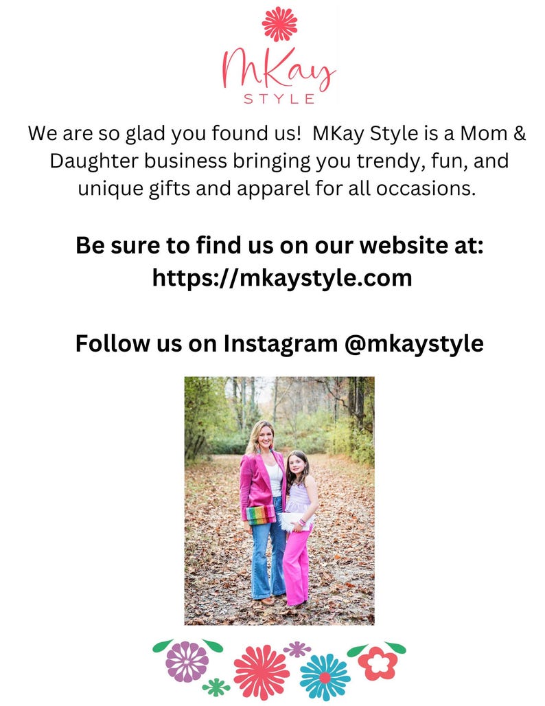 May include: A mother and daughter stand in a wooded area. The mother is wearing a pink blazer, blue jeans, and a rainbow belt. The daughter is wearing a white tank top, pink pants, and a white purse. The text "MKay Style" is at the top of the image. The text "Be sure to find us on our website at: https://mkaystyle.com" is below the image. The text "Follow us on Instagram @mkaystyle" is below the website address.