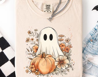 Cute Ghost Pumpkin Shirt Women Wildflower Spooky Season Shirt Girly Ghost Shirt Cute Spooky Season Attire Ghost Pumpkin Falloween Shirt