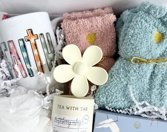 Kristen spa-presentask för kvinnor, trosbaserad självvård, inspirerande bibelverspresenter till henne, bön, uppmuntran, födelsedagspresent till tro